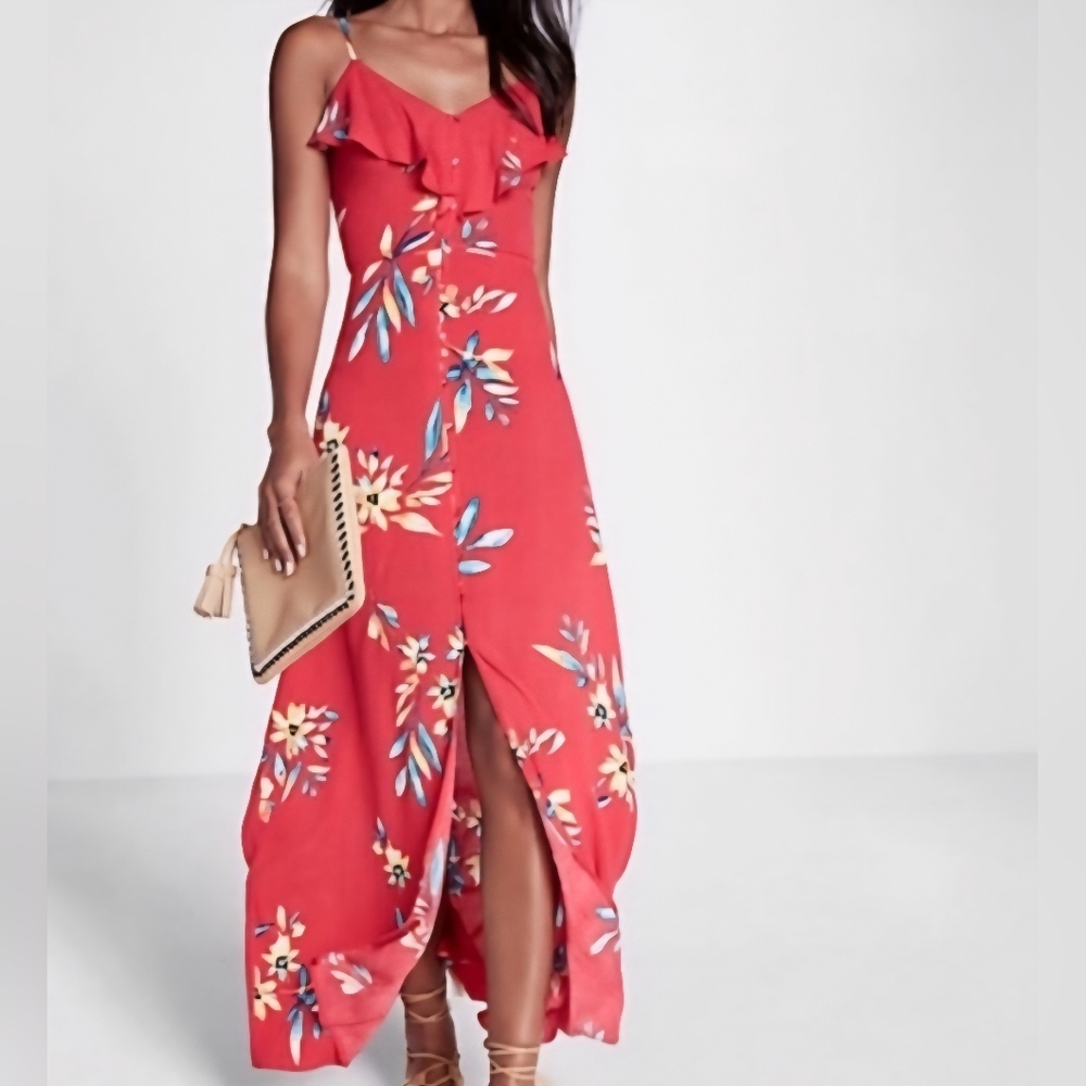 Express XS Bright Red Tropical Floral Spaghetti Strap Maxi Dress With Buttons